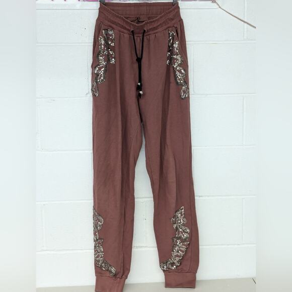 religion Pants - RELIGION Trance Sequin Mauve Sweatpants szM Beaded embellished jogger high rise